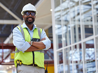 Image showing Portrait, architect and black man with arms crossed, smile or happy for construction. African engineer, glasses and confident contractor, worker or professional from Nigeria with pride for career.