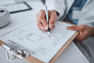 Image showing Data, writing and science with hands of man in laboratory for report, pharmacy and medical. Checklist, healthcare and medicine with closeup of scientist and clipboard for research, vaccine and study