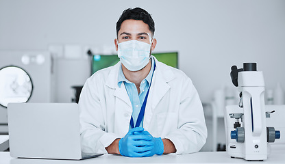 Image showing Science, virus and portrait of man in laboratory for research, pharmacy and medical. Test, healthcare and medicine with male scientist and study for wellness, expert and vaccine development