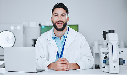 Image showing Science, happy and portrait of man in laboratory for research, pharmacy and medical. Test, healthcare and medicine with male scientist and study for wellness, expert and vaccine development