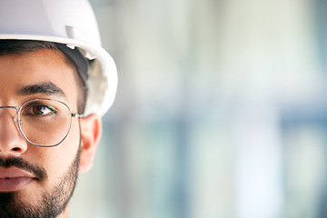 Image showing Architecture, space and portrait of man on construction site for engineering, design and building. Mockup, real estate and property with face of contractor for renovation, builder and maintenance