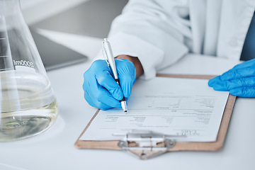 Image showing Medicine, writing and science with hands of man in laboratory for report, pharmacy and medical. Checklist, healthcare and data with closeup of scientist and clipboard for research, vaccine and study