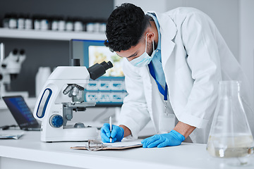 Image showing Research, writing and science with man in laboratory for report, pharmacy and medical. Checklist, healthcare and medicine with scientist and clipboard for data chart, vaccine development and study