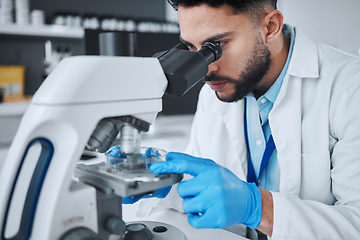 Image showing Microscope, science and pharmacy with man in laboratory for research, medical and vaccine. Chemistry, healthcare and medicine with scientist and study for solution, development and sample results