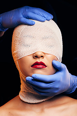 Image showing Plastic surgery, cosmetics and bandage on face of woman in studio for beauty, skincare and dermatology. Aesthetic, makeup and transformation with person on dark background for change and facial