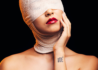 Image showing Headscarf, fashion and a woman with lipstick on a dark background for retro or vintage aesthetic. Beauty, stylish and a girl or model with fashionable or trendy style isolated on a studio backdrop