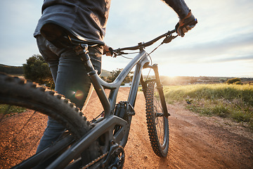 Image showing Sports, cycling and closeup of bicycle in countryside for training, workout and exercise in nature. Fitness, cyclist and person with mountain bike for adventure, freedom and ride on outdoor dirt road