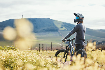 Image showing Sports, mockup and man on mountain bike in nature for training, workout and exercise in countryside. Fitness, cycling and male person with bicycle for adventure, freedom and adrenaline on dirt road