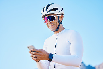 Image showing Cyclist, relax or happy man with phone on social media for sports, training exercise or fitness workout. Smile, break or male biker resting with mobile app for networking, browsing or searching info