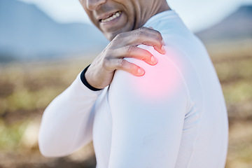 Image showing Biker, hand or man with shoulder pain, injury or inflammation outdoors with torn muscle, strain or bruise. Cyclist, injured or sports athlete with accident, red glow or emergency in training practice