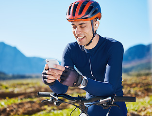Image showing Cycling, break or happy man with phone on social media for sports, training or fitness workout content. Smile, bicycle or male cyclist resting with mobile app for networking, browsing or searching