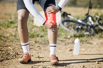 Image showing Injury, legs or man cycling with knee pain, cramp or inflammation in training, workout or exercise. Red glow, sports or injured athlete biker with a sprain after fall, accident or emergency on trail