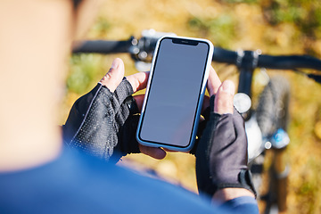 Image showing Cycling, mockup space or cyclist with phone on social media for sports, training or fitness workout content. Screen ux, bicycle or biker with mobile app ui for networking, browsing or searching