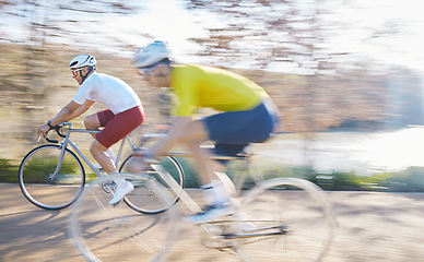 Image showing Bicycle race, people and street with motion blur, speed or sport for fitness in countryside in summer. Men, cycling competition and together for fast moving, workout or adventure on journey in nature