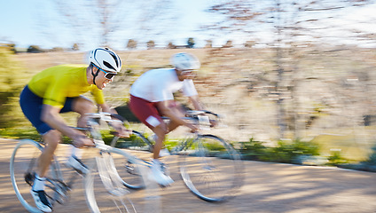 Image showing Bicycle race, people and road with motion blur, speed or sport for fitness, countryside and summer. Men, cycling contest and partnership for fast exercise, workout and adventure on journey in nature