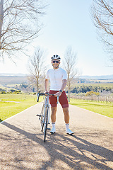 Image showing Fitness, bicycle or happy man ready for cycling for training workout and exercise outdoors alone. Start, smile or healthy male sports athlete riding a bike on a road or path for freedom or wellness