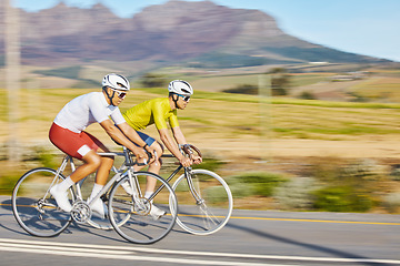 Image showing Bicycle race, friends and road in motion blur, speed and sports for fitness, countryside and mountains. People, fast bike and men with cycling partnership, workout and training on journey in nature