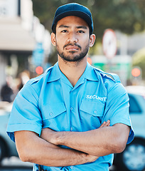 Image showing Security guard, portrait and safety officer man on the street for protection, patrol or watch. Law enforcement, serious and duty with a crime prevention male worker in uniform outdoor in the city