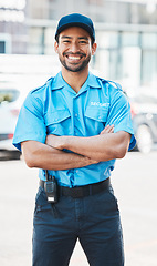 Image showing Portrait, security guard or safety officer man on the street for protection, patrol or watch. Law enforcement, happy and crime prevention worker or asian male in uniform in city with service smile