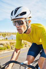 Image showing Cycling, sports and man on a bike in road for fitness, training and morning cardio routine in nature. Bicycle, exercise and male cyclist riding outdoor for practice, freedom or performance challenge