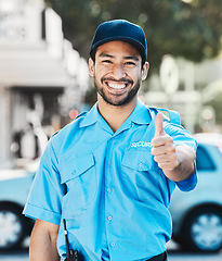 Image showing Security guard, thumbs up and safety officer man on the street for protection, patrol or watch. Law enforcement, happy and portrait of crime prevention male worker in uniform in city for good service