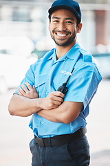 Image showing Security guard, happy man and portrait of safety officer on street for protection, patrol or watch. Law enforcement, smile and walkie talkie of crime prevention person in uniform outdoor in the city