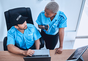 Image showing Security guard, safety officer and team in office with a laptop and walkie talkie for surveillance. Man and black woman working together for crime prevention, communication and law enforcement