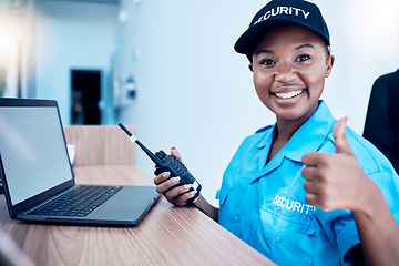 Image showing Security guard, thumbs up and police use a walkie talkie or radio for an emergency or criminal investigation. Protection, safety and officer talking in a law enforcement service office for crime