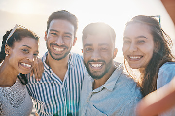 Image showing Friends, selfie and sunshine, happy outdoor with travel and freedom, men and women with face in nature. Smile for picture, memory and social media post, group of people and adventure in summer