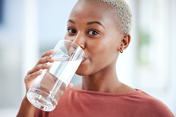 Image showing Health, glass and portrait of a woman drinking water for hydration, wellness and liquid diet. Healthy, h2o and headshot of young African female person enjoying a cold beverage or drink at her home.