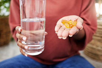 Image showing Hand of woman, water and supplement pills for health, diet and commitment to nutrition or natural wellness product. Hands of girl with multivitamin tablet, drink in glass and organic healthcare drugs