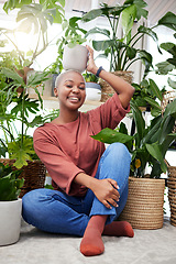 Image showing Portrait of a black woman, garden and happy with plant on head and care for plants, leaves and sunshine in greenhouse. Gardening, growth and person with pride for houseplant, cactus or aloe vera