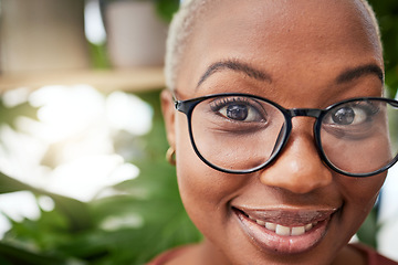 Image showing Black woman, glasses and vision, face with eye care and optometry with frame and prescription lens. Eyesight, health and ophthalmology, female person in portrait with spectacles or cosmetic eyewear