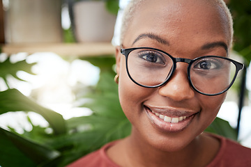 Image showing Face, headshot and black woman in glasses and eye care, optometry with frame and prescription lens for vision. Eyesight, health and ophthalmology, female person in portrait with cosmetic spectacles