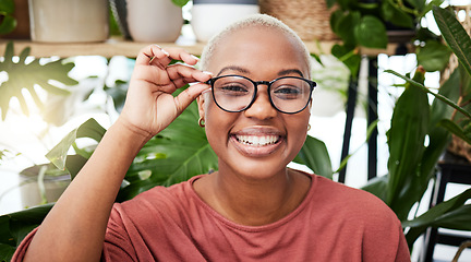 Image showing Black woman, glasses and vision with smile in portrait, eye care and optometry with frame and prescription lens. Eyesight, health and ophthalmology, female person with spectacles or cosmetic eyewear