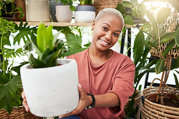 Image showing Greenhouse, eco friendly and portrait of woman with a plant for a sustainable or botanical gift. Happy, smile and African female person with green leaves in pot in the nursery for gardening at home.