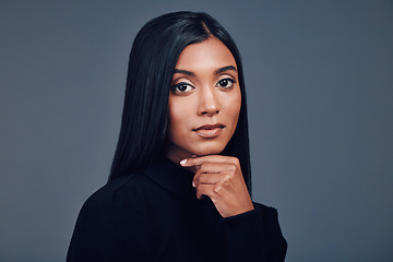 Image showing Serious face, beauty and skincare of woman in studio isolated on a gray background mockup space. Portrait, natural and Indian model with spa facial treatment for aesthetic, healthy skin and cosmetics