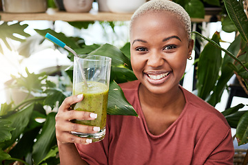 Image showing Health, diet and smile with black woman and smoothie for detox, breakfast and protein. Nutrition, food and weight loss with face of person and drink for green juice, vitamins and supplement