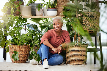 Image showing Black woman, plants in a basket and relax with nature, gardening and sustainability with environment. African female person, eco friendly and smile in portrait, happy with botany and green leaves