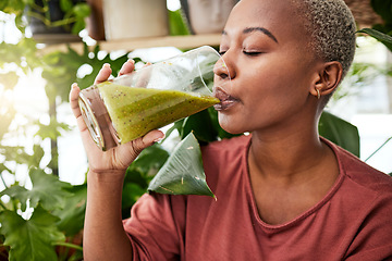 Image showing Health, drink and detox with black woman and smoothie for diet, breakfast and protein. Nutrition, food and weight loss with face of person and glass for green juice, vitamins and supplement