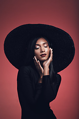 Image showing Fashion, beauty and woman in vintage hat and studio makeup, cosmetics and confidence in creative, luxury or designer clothing. Indian model, retro style and elegant accessories for stylish event