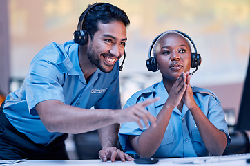 Image showing Security, surveillance and a man training a black woman in a control room for safety or law enforcement. Teamwork, office and headset with a private guard team watching a monitor for crime prevention