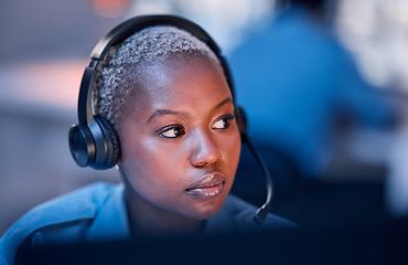 Image showing Safety, security or woman in call center for emergency or legal service thinking of danger in office at night. Worker, law patrol or face of female police contact agent with headset for communication