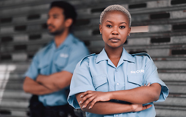 Image showing Portrait, security or law enforcement and a serious woman arms crossed with a man colleague on the street. Safety. focus and duty with a crime prevention unity working as a team in an urban city