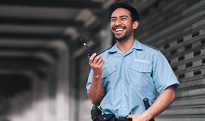 Image showing Security guard, safety officer and man with walkie talkie on street for protection, patrol or watch. Law enforcement, laugh and duty with a crime prevention male worker in uniform for communication