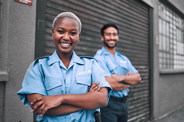 Image showing Team, security guard or safety officer portrait on the street for protection, patrol or watch. Law enforcement, smile and duty with a crime prevention unit man and woman in uniform in the city