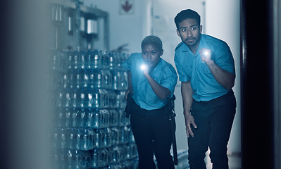 Image showing Security, night or police team in crime investigation in a store for protection services in emergency or crisis. Teamwork, dark or professional safety employees search a room for criminal danger