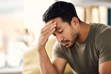 Image showing Tired, headache and stress of man in living room with mental health, fatigue and sad problem. Face, depression and frustrated male person with anxiety, brain fog or crisis of failure, mistake or debt