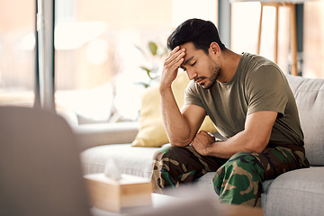 Image showing Man with headache, stress and mental health problem, therapy and psychology, depressed and sitting on couch. Male person in crisis, migraine and medical issue, sad with depression and pain at home