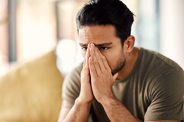 Image showing Man with trauma, stress and mental health problem, therapy and psychology, depressed and thinking about abuse. Male person in crisis, sad with depression and pain at home, burnout and anxiety